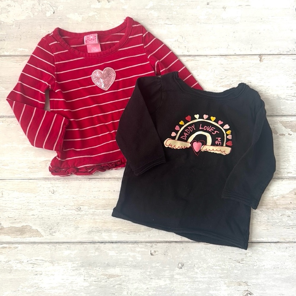 Baby Girl 12m Long Sleeve Valentine’s Day Tops Bundle Set of 2 Red Black Kids